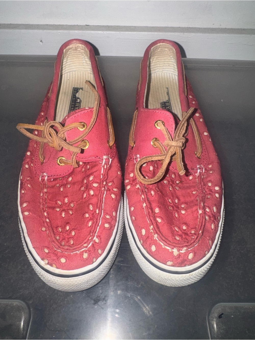 Sperry Red Canvas Eyelet Boat Shoes with Tan Laces
